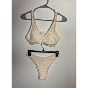 Womens Cream Ribbed Bikini Set Two Piece V Neck Adjustable Straps Size Small